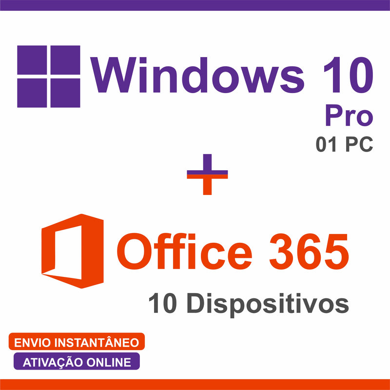 Windows 10 Pro + Office 365 2024- 10 Dispositivos Licença Original Genuína Vitalícia